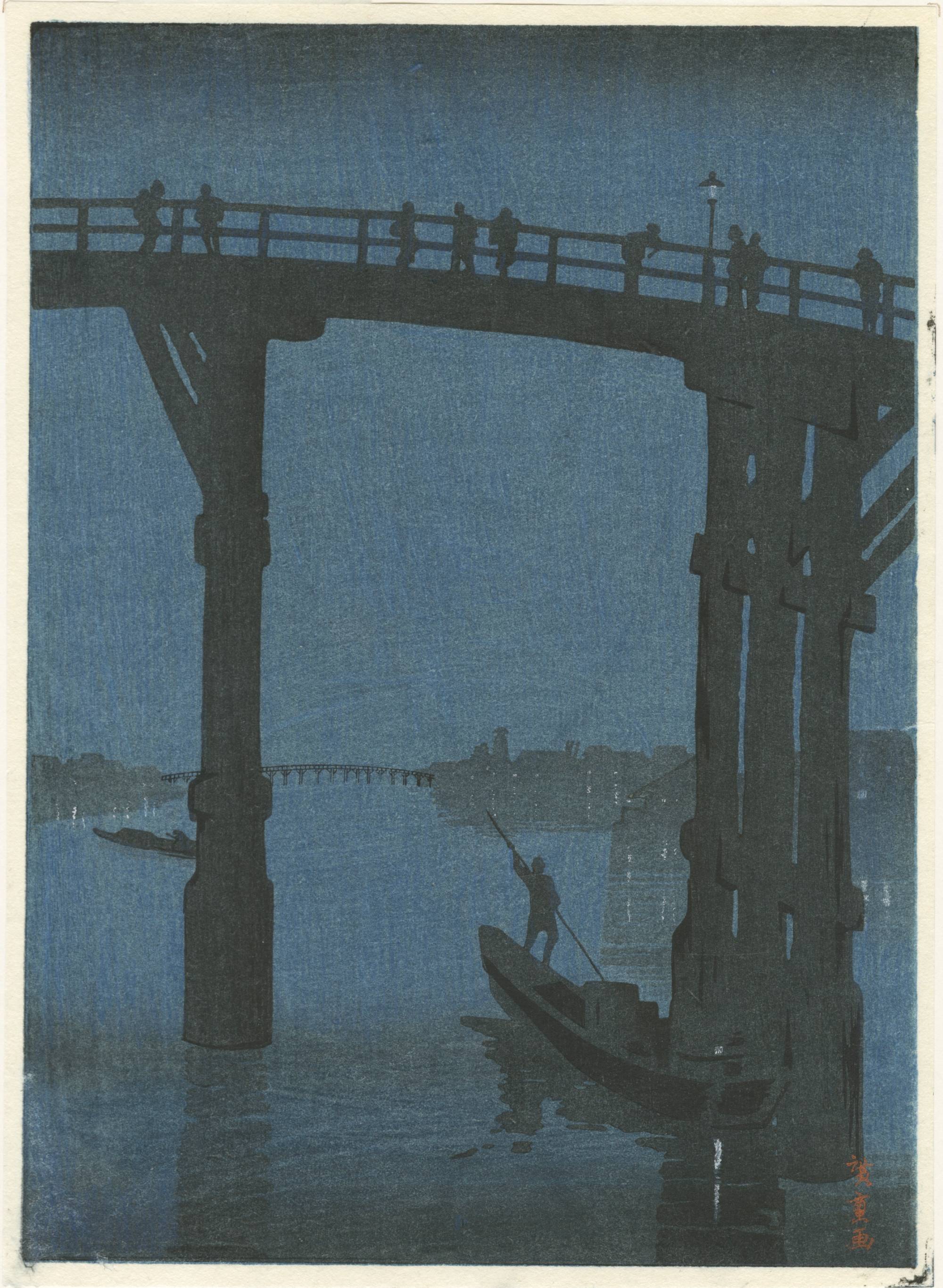 woodcut print of bridge over river at night